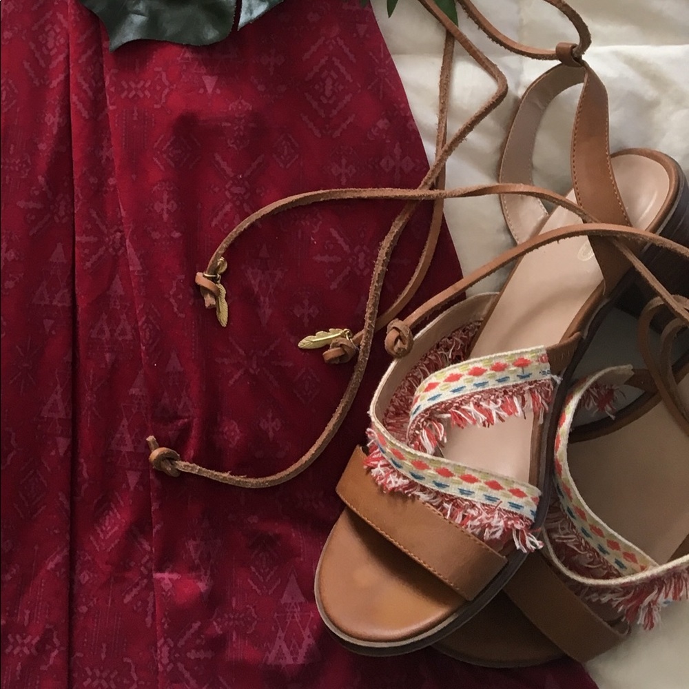 Tan Faux Leather/Colorful Fringe Ankle Tie Sandals - Picture 6 of 7